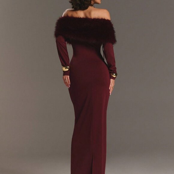 Burgundy Off-Shoulder Long Sleeve Faux Fur Women's Evening Dress - Picture 2 of 7